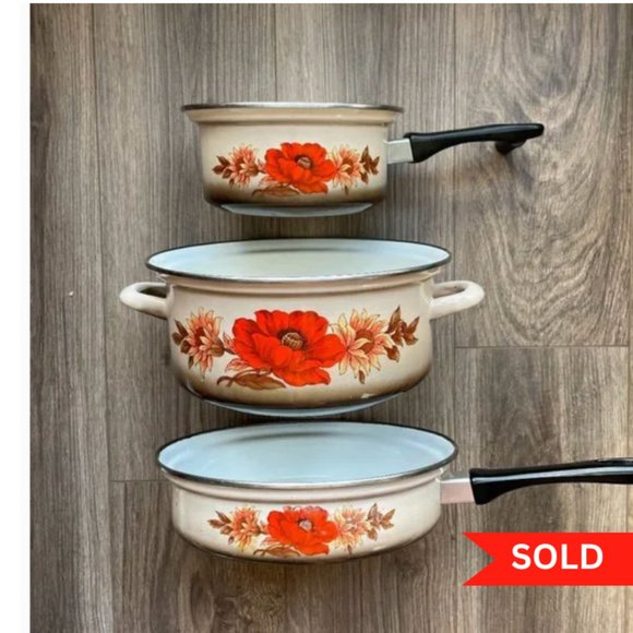 Vintage Red Poppy Ceramic Cookware Set x 3 - Picture 1 of 7